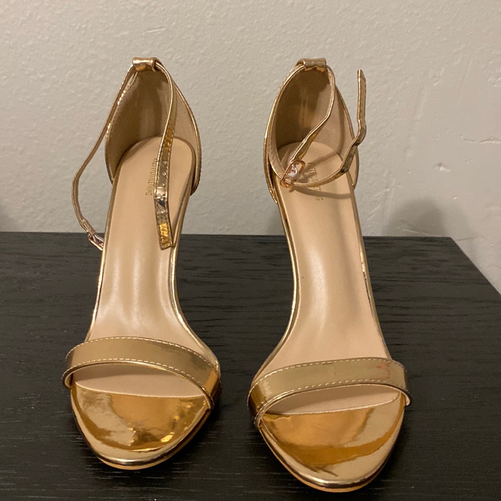 Bronze square open toe strappy heels